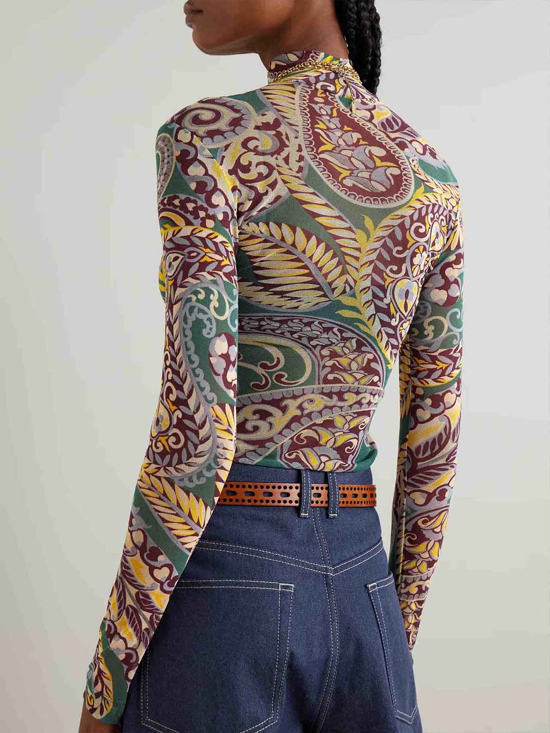 Exquisite Retro Paisley Print High-Neck Long Sleeve Top