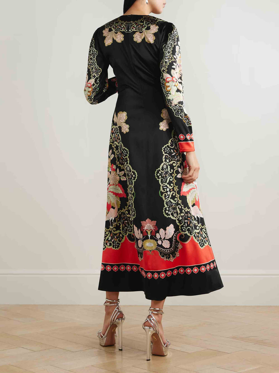 Retro Floral Print Satin Maxi Dress