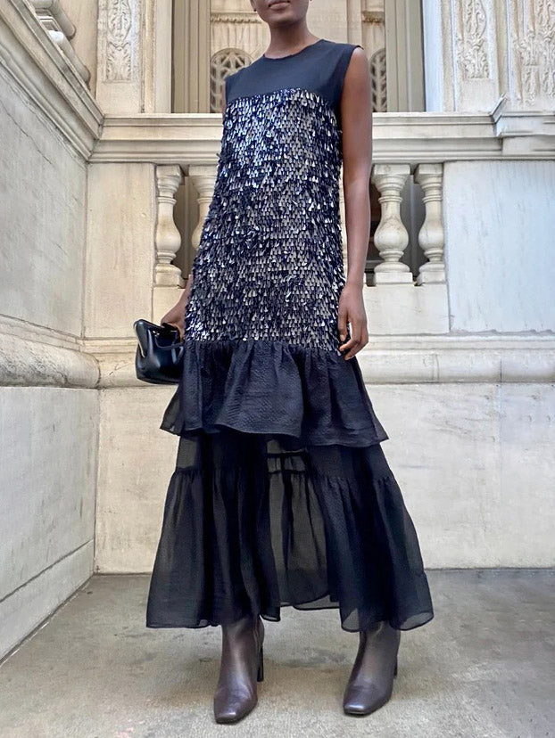 Elegant Sequin Ruffle Chiffon Gown Maxi Dress