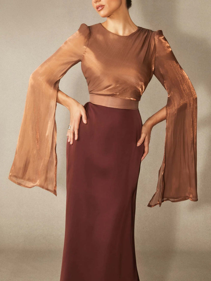 Elegant Satin Cape-Sleeve Maxi Dress