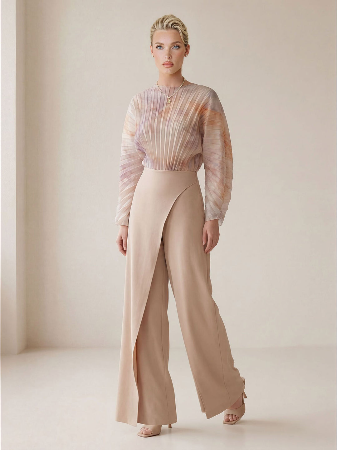 Elegant Pleated Long Sleeve Asymmetrical Wide-Leg Jumpsuit