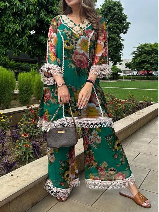 Elegant Floral Print Lace-Hem Wide-Leg Pants