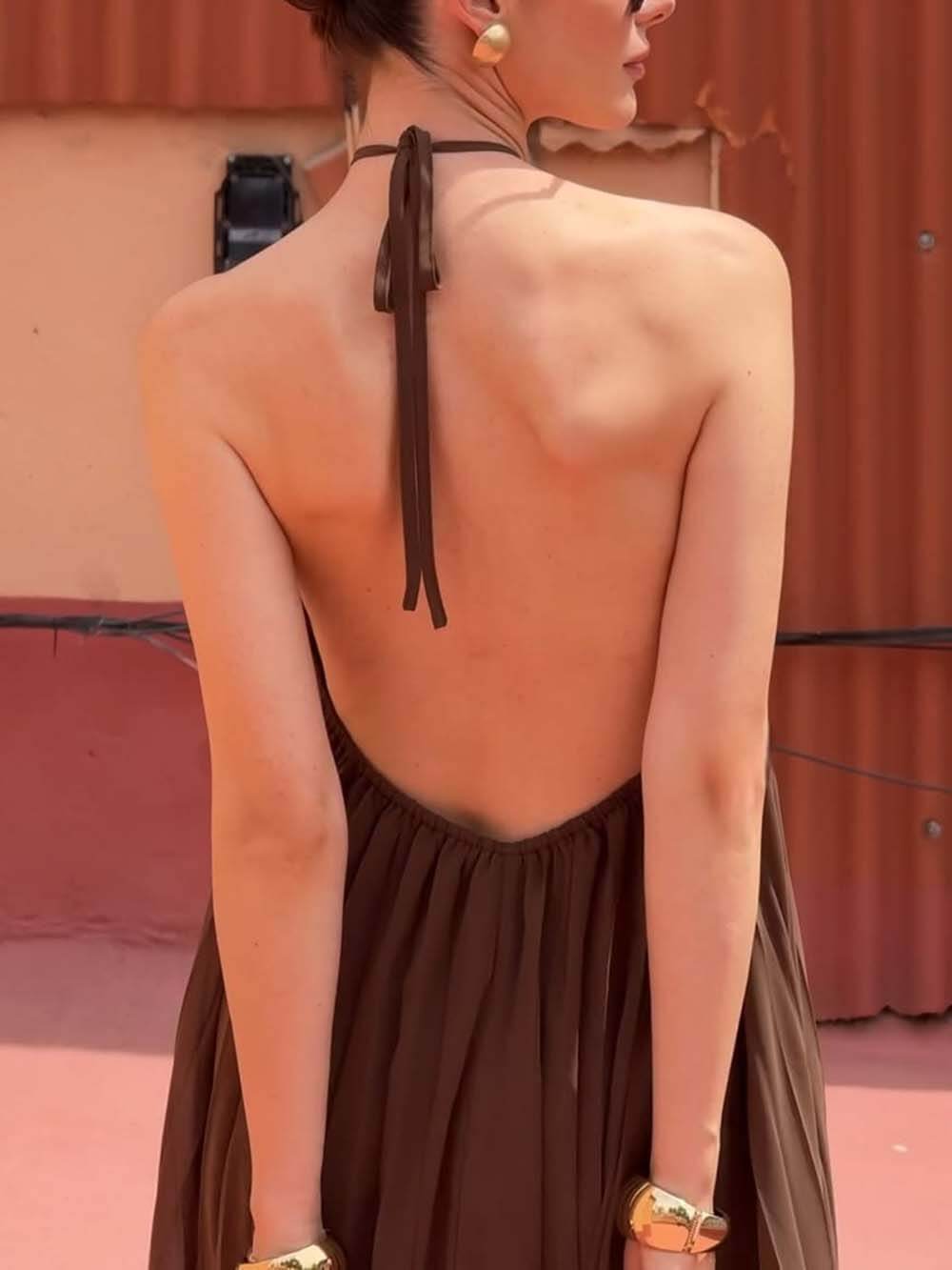 Retro Halter Tie Pleated Backless Maxi Dress
