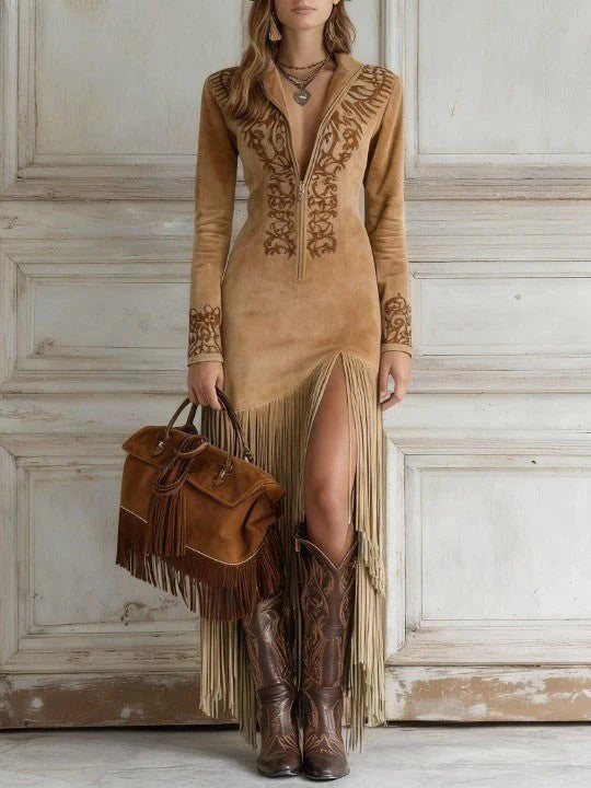 Vintage Western Half-Zip Suede Fringe Dress