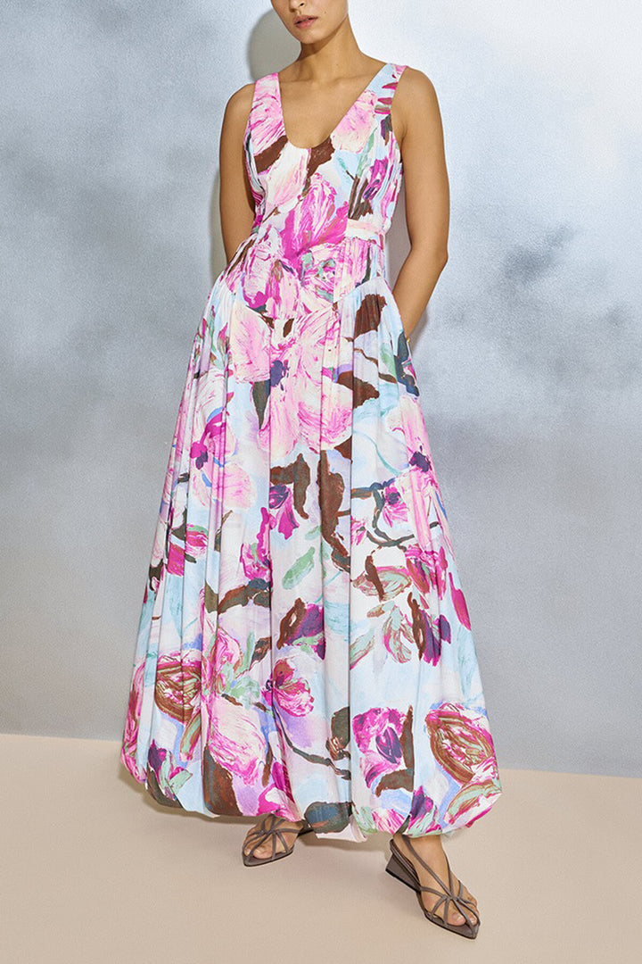 Exquisite Floral Print Pleated Maxi Dress