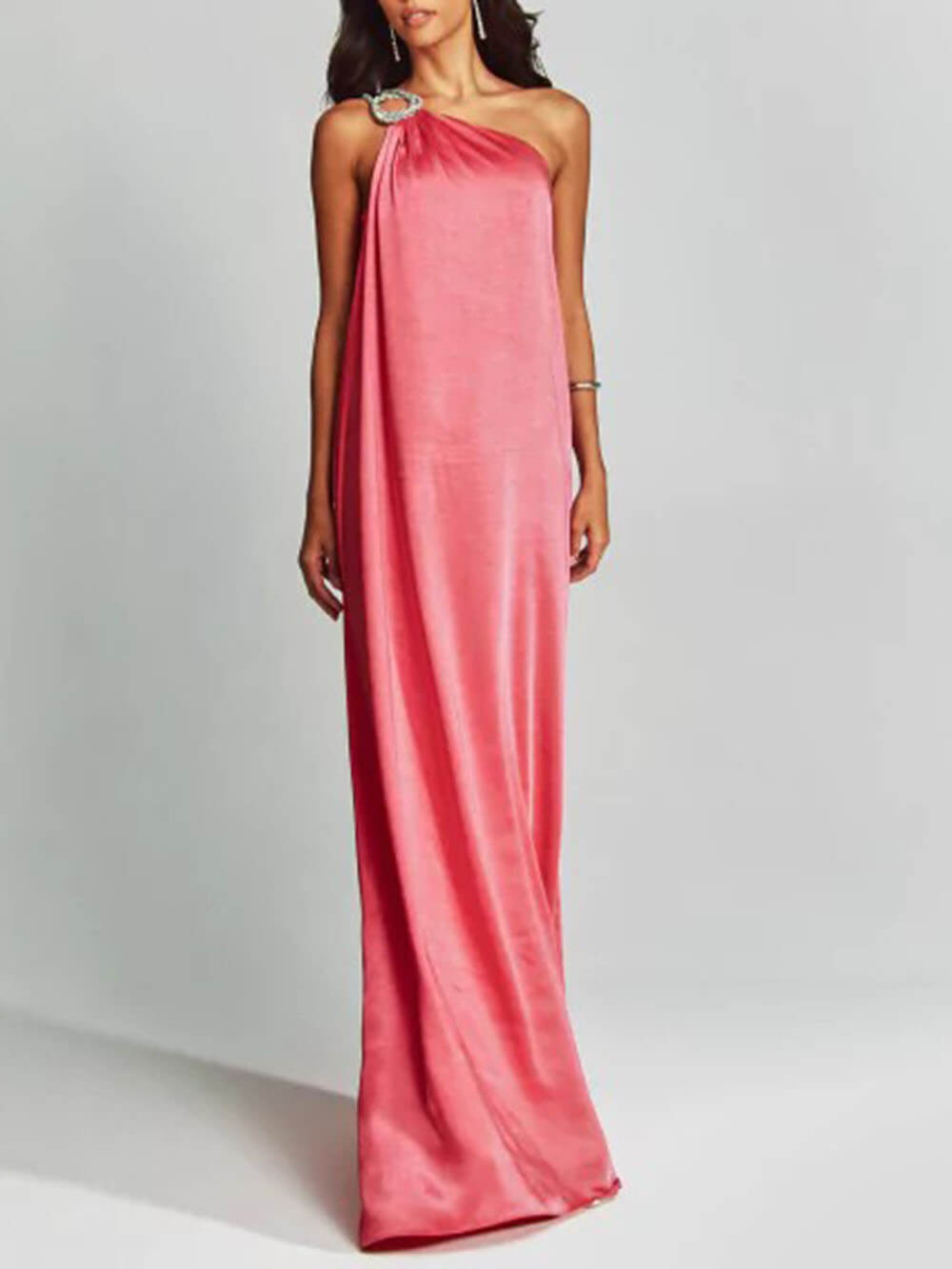 Exquisite Charming Glance Satin Metal Hardware One Shoulder Loose Maxi Dress