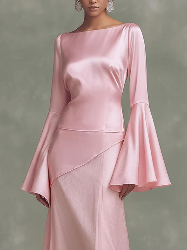 Elegant Minimalist Bell-Sleeve Satin-Panel A-Line Maxi Dress
