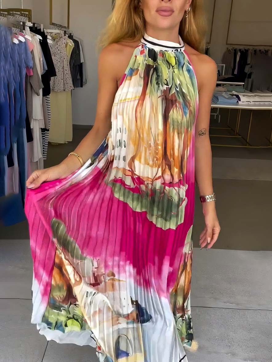 Unique Abstract Landscape Print Pleated Maxi Dress