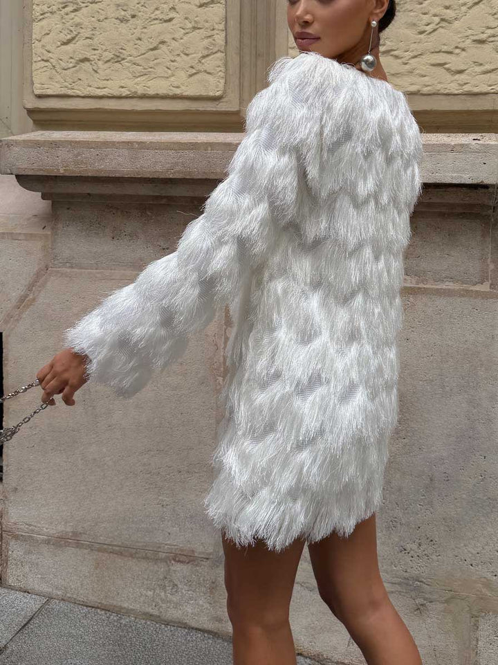 Elegant Textured Fringe Long-Sleeve Mini Dress