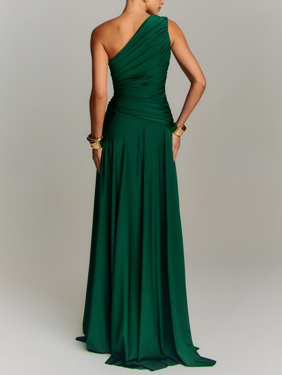Elegant Draped One Shoulder Cocktail Maxi Dress