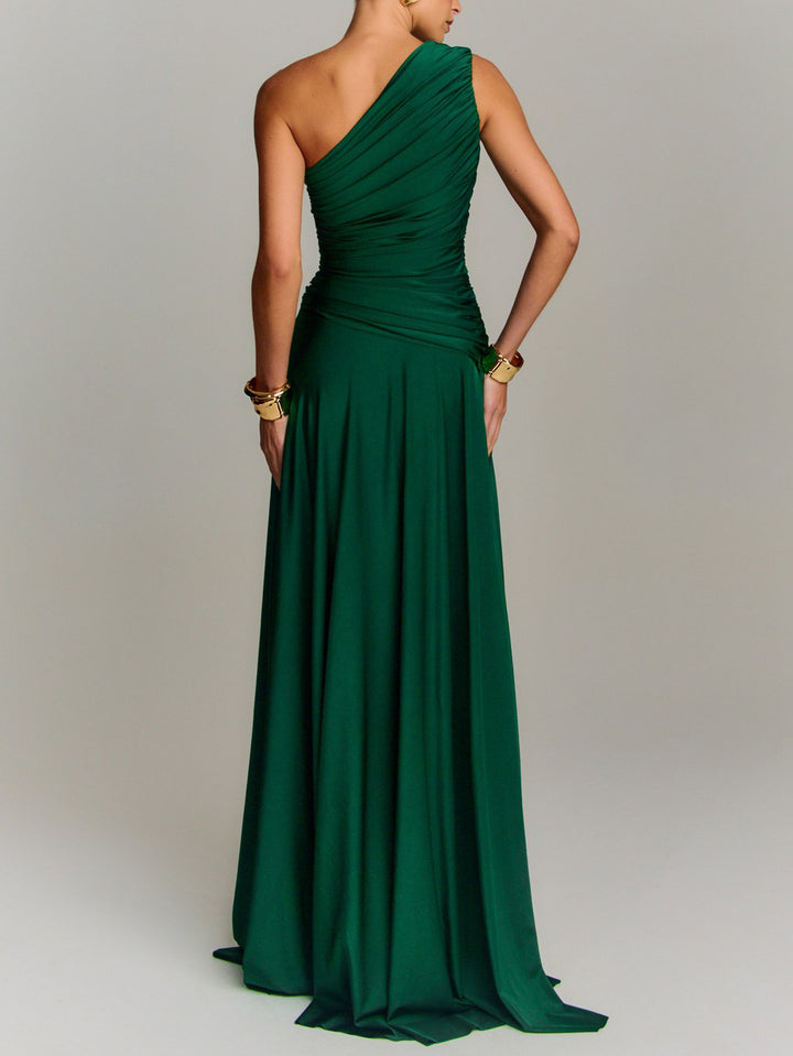 Elegant Draped One Shoulder Cocktail Maxi Dress