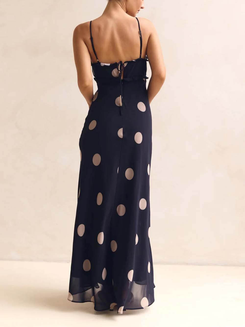 Delicate Lace-Trim Polka Dot Open-Back Maxi Dress