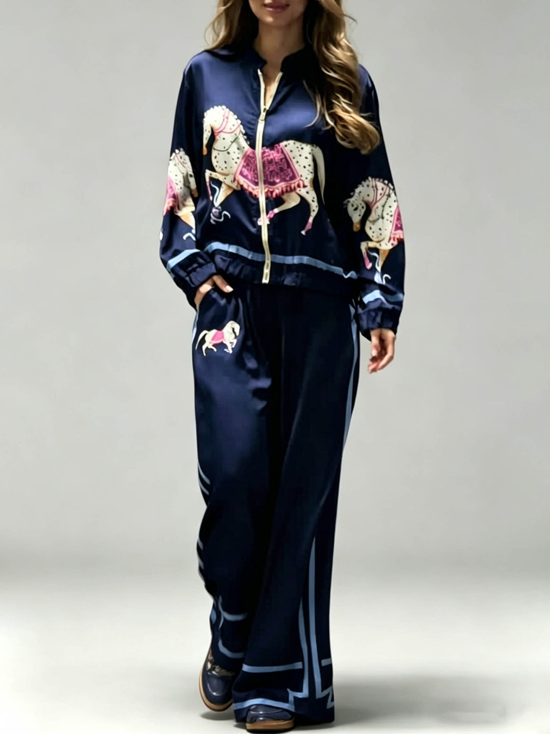 Exquisite Satin Horse Print Zip Jacket & Wide-Leg Pants Two-Piece Set