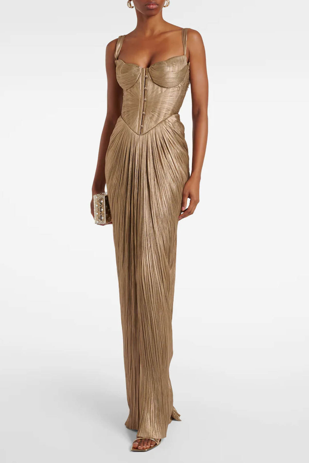 Elegant Pleated Metallic Tie-Waist Party Slit Gown Maxi Dress