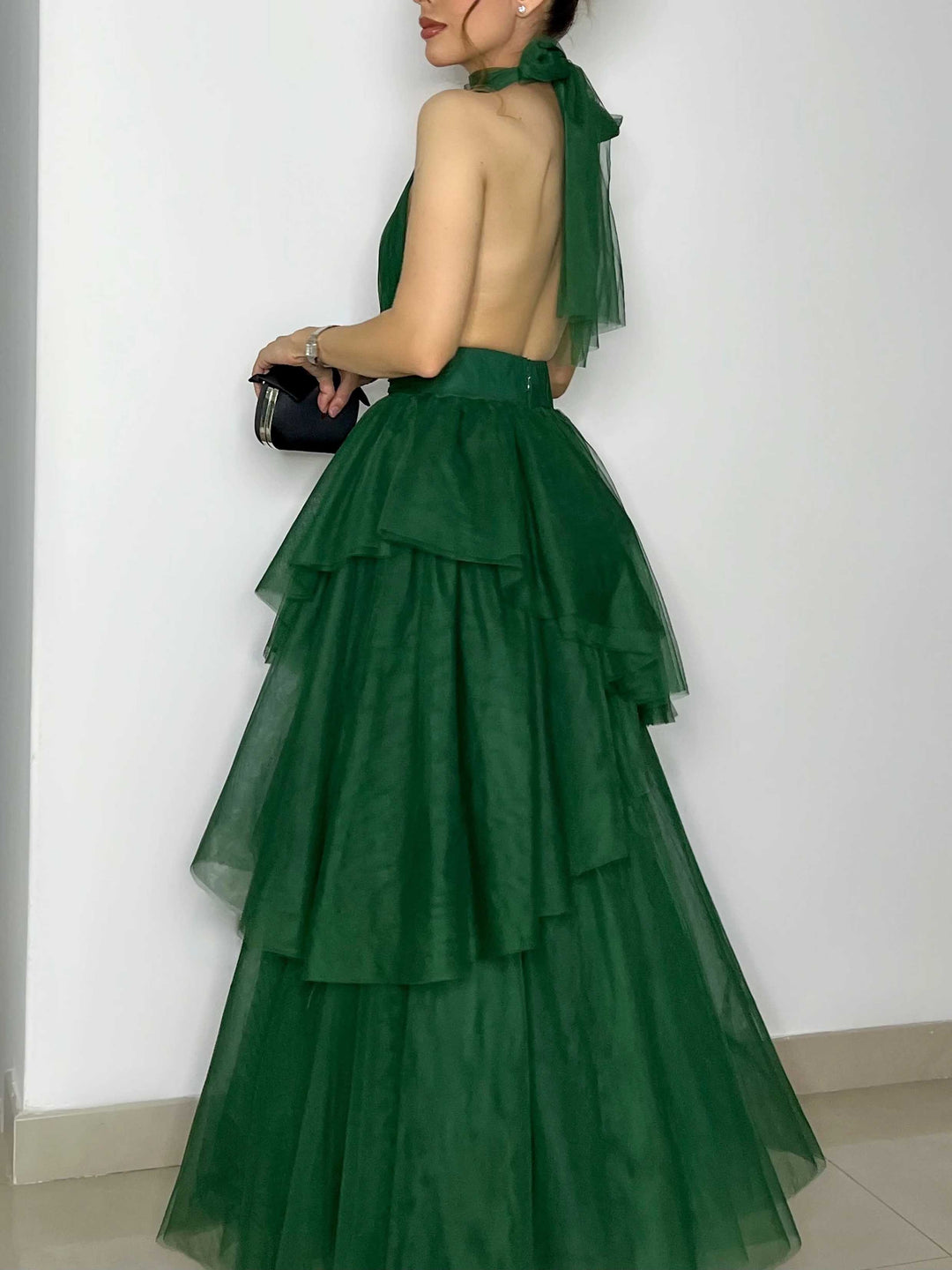 Elegant Halter Neck Mesh Layered Maxi Dress