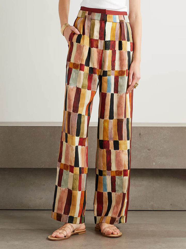 Retro Floral Print Loose Linen Elastic Waist Wide-Leg Pants