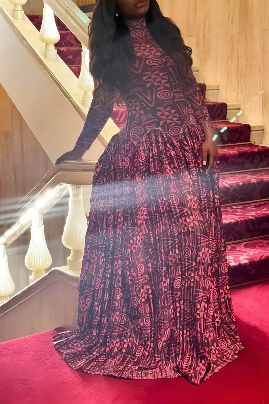 Unique Geometric Print Pleated High-Neck Maxi Dress