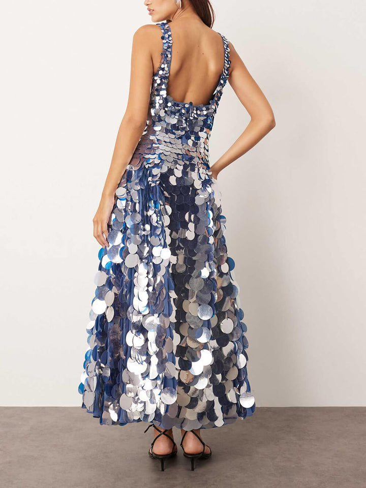Exquisite Blue Sequin Square Neck Pocket Midi Dress