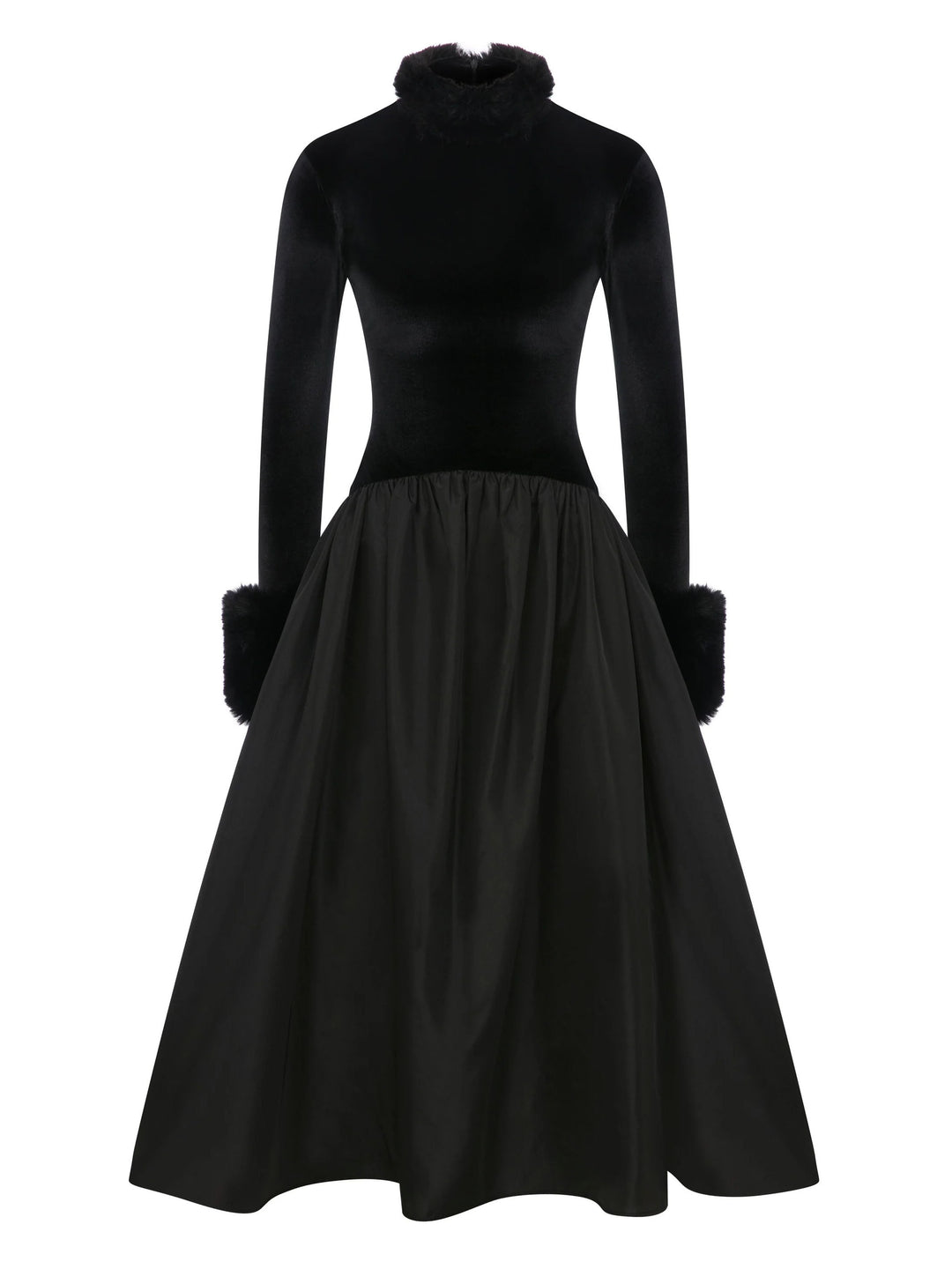 Elegant Velvet High-Neck Faux Fur Cuff Midi Dress