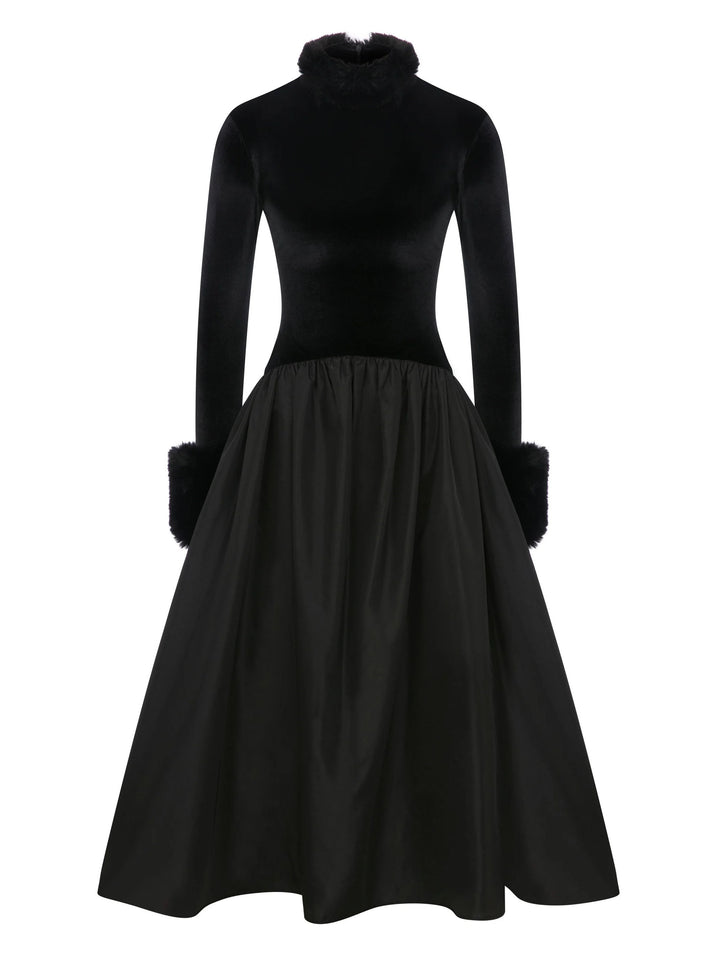Elegant Velvet High-Neck Faux Fur Cuff Midi Dress