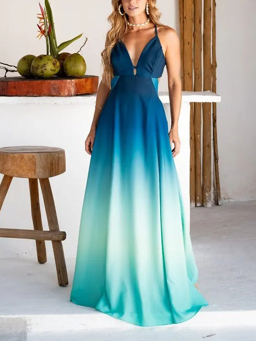 Exquisite Gradient Print V-Neck Flowing Maxi Dress