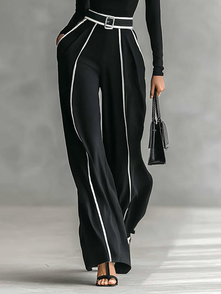 Elegant Contrast Trim High Waist Wide Leg Pants