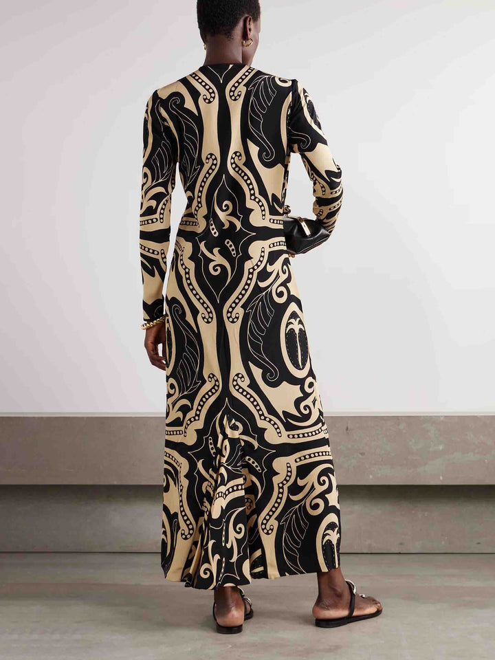 Retro Botanical Print Long-sleeved Maxi Dress