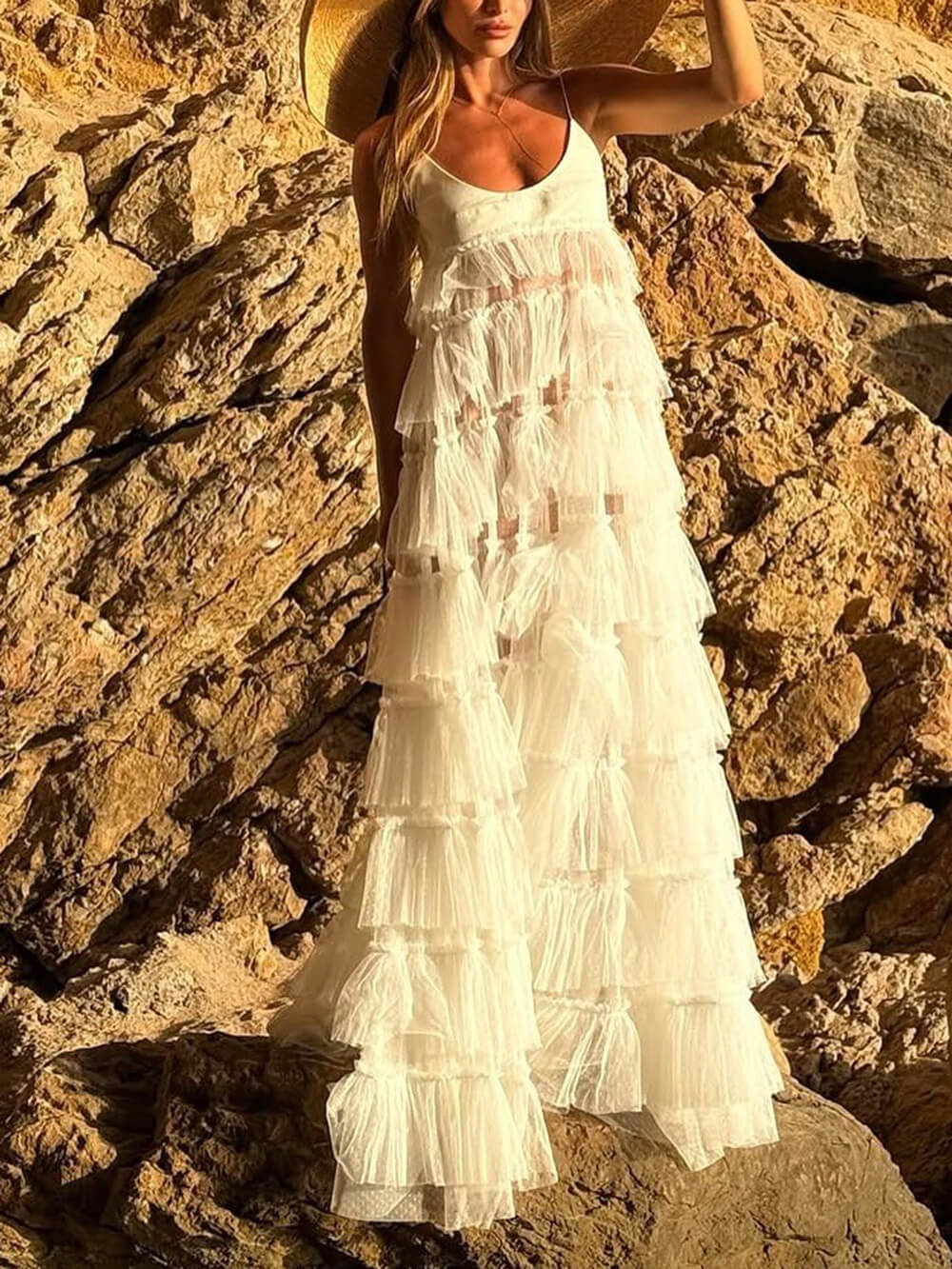 Elegant Ruched Mesh Splice A-Line Maxi Dress