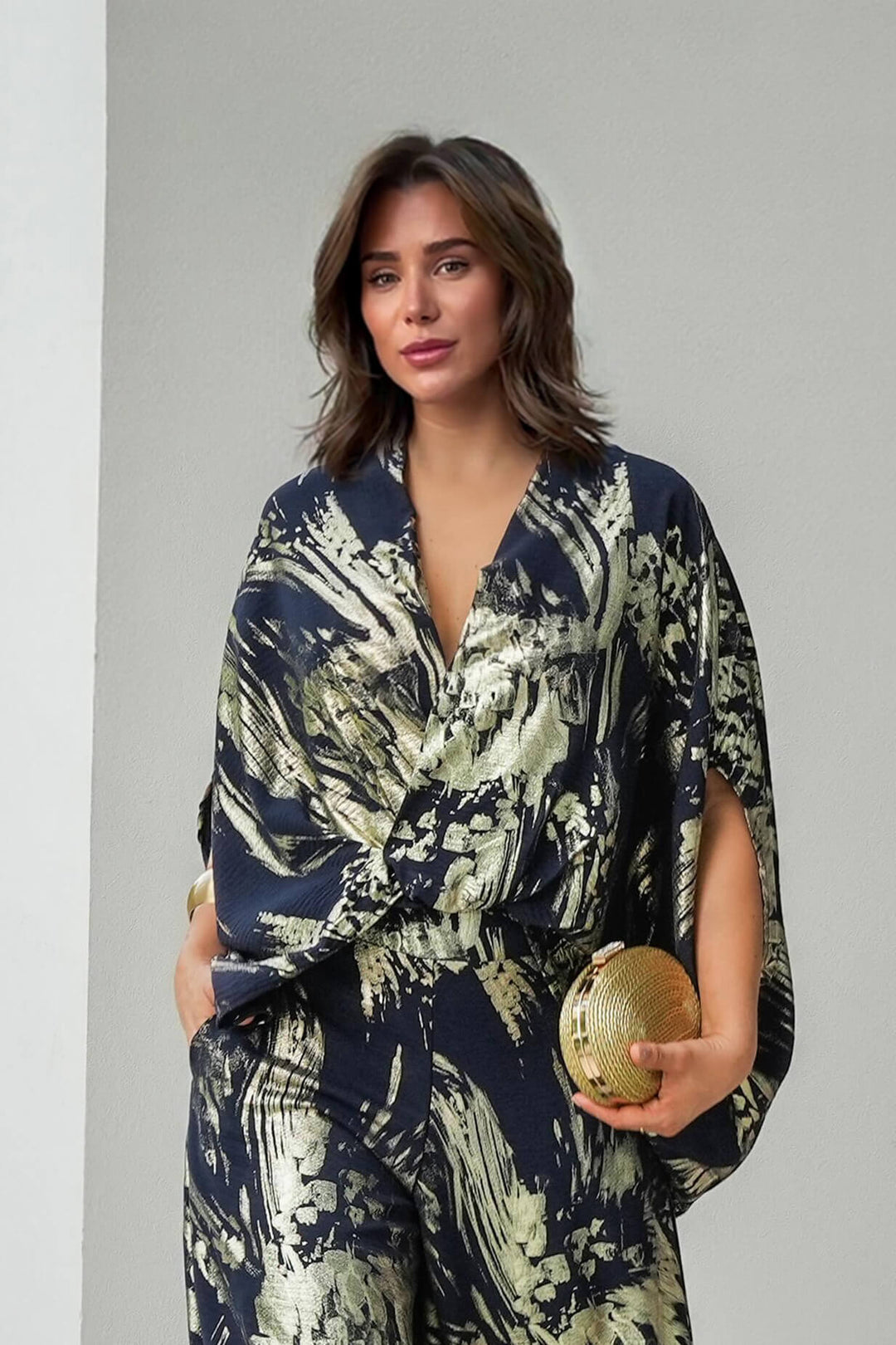 Retro Fashion Ethnic Print Drop-Shoulder Top Elastic Waist Wide-Leg Pants Set