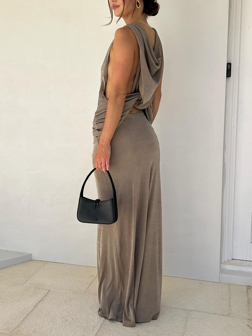 Unique Draped Back Pleated Maxi Dress