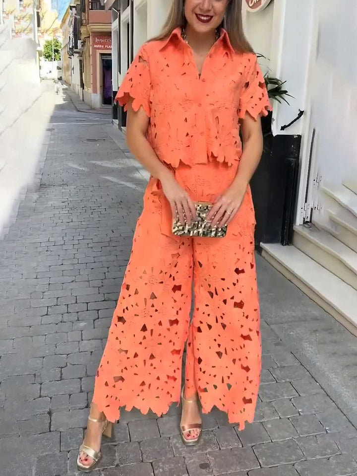 Casual Cutout Lace Shirt & Wide-Leg Pants Two-Piece Set