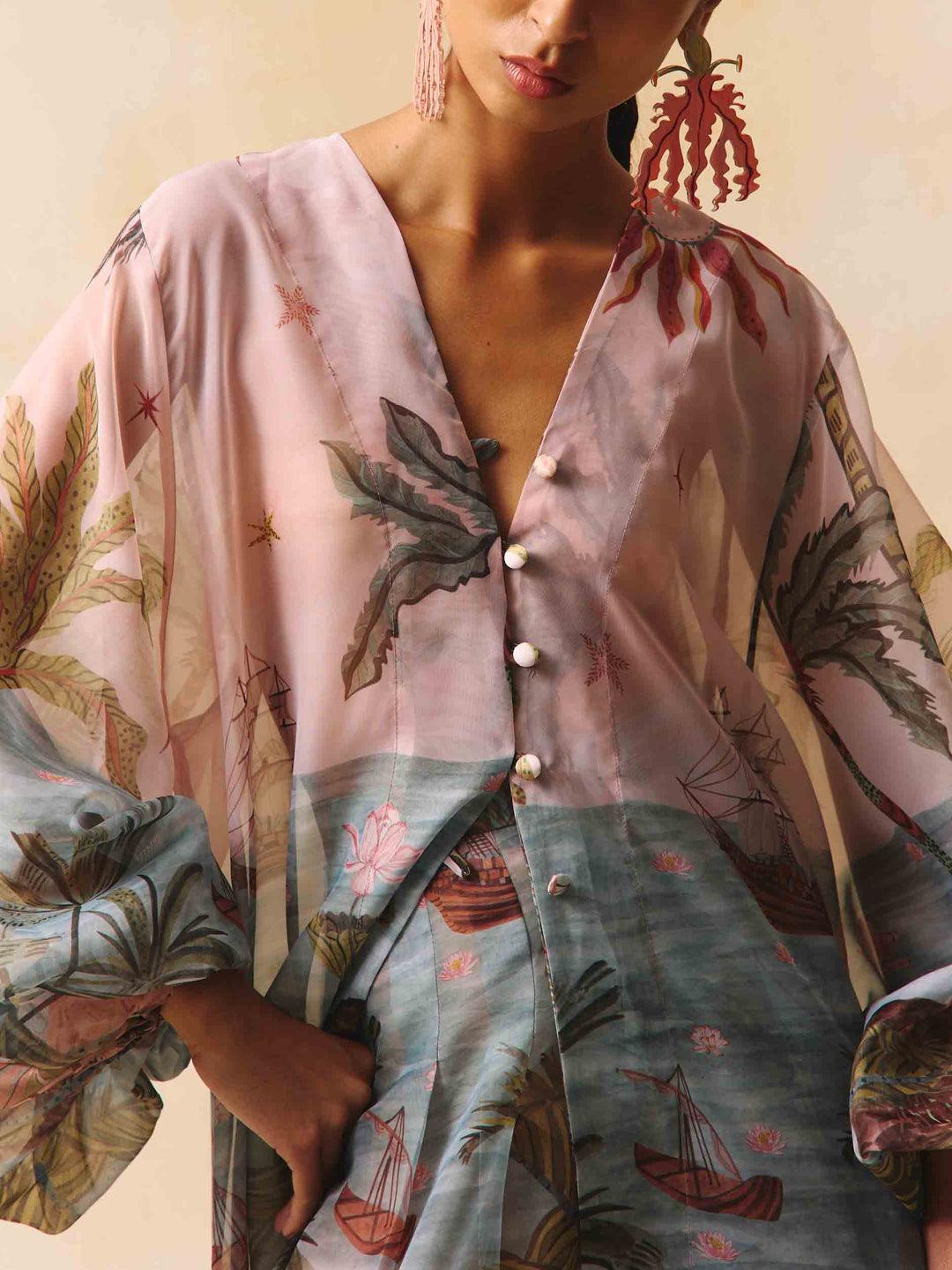 Retro Tropical Boat Print Tulle Two-Piece Set