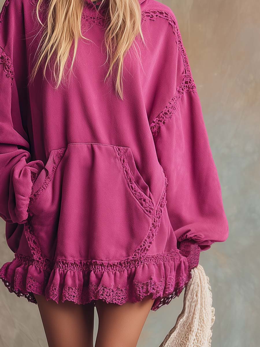 Elegant Lace-trimmed Ruffled Hem Hooded Mini Dress