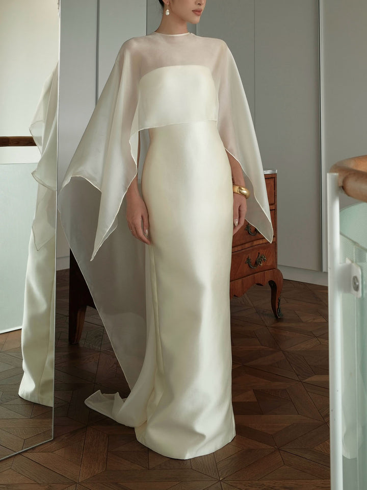 Elegant Sheer Cape Overlay Satin Maxi Dress
