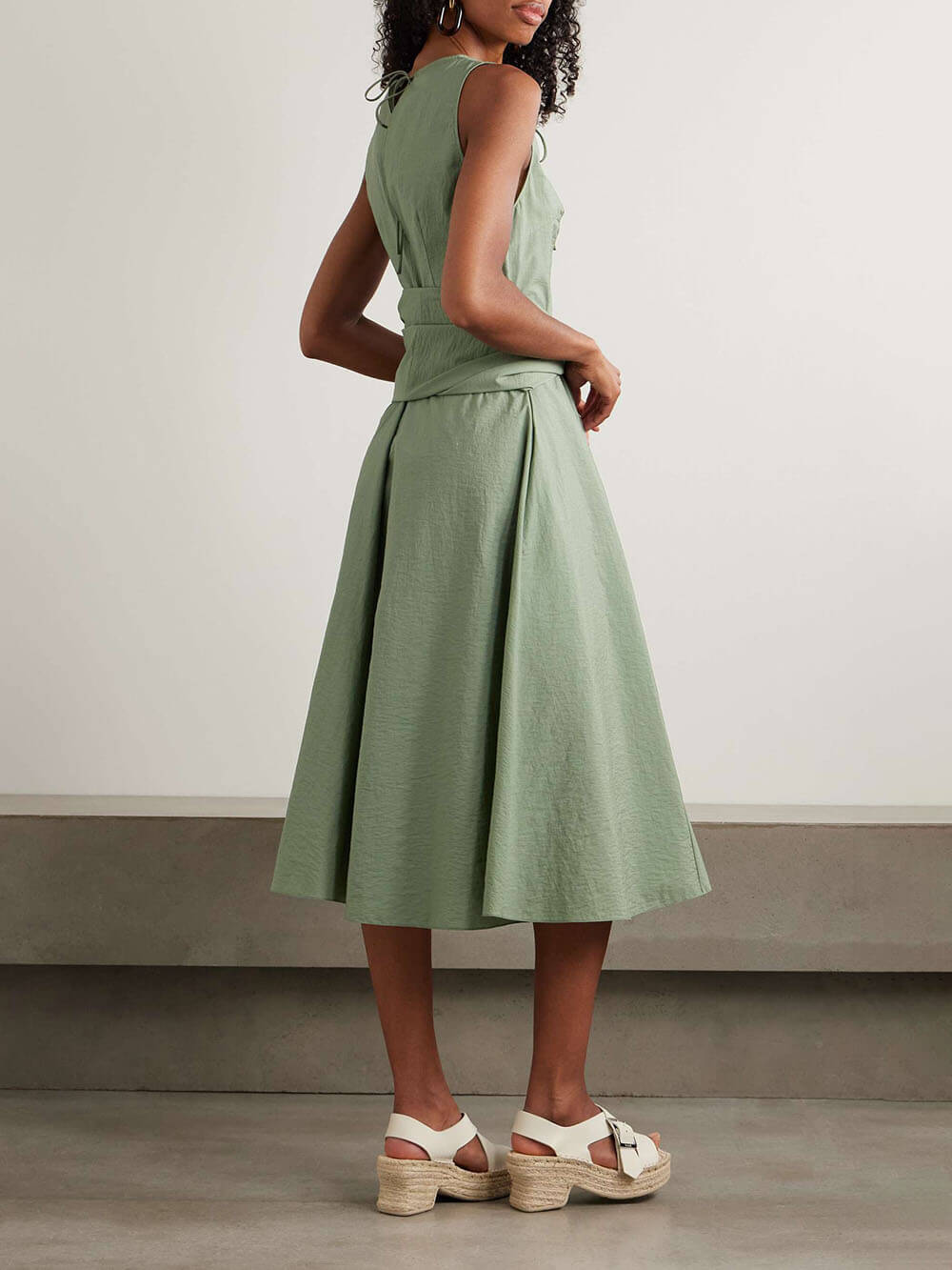 Classic Tie-Detailed Belted Crinkled Midi Dress
