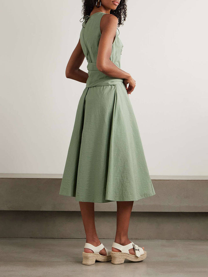 Classic Tie-Detailed Belted Crinkled Midi Dress