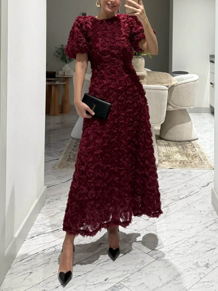 Elegant Rose-patterned Puff-sleeved Maxi Dress