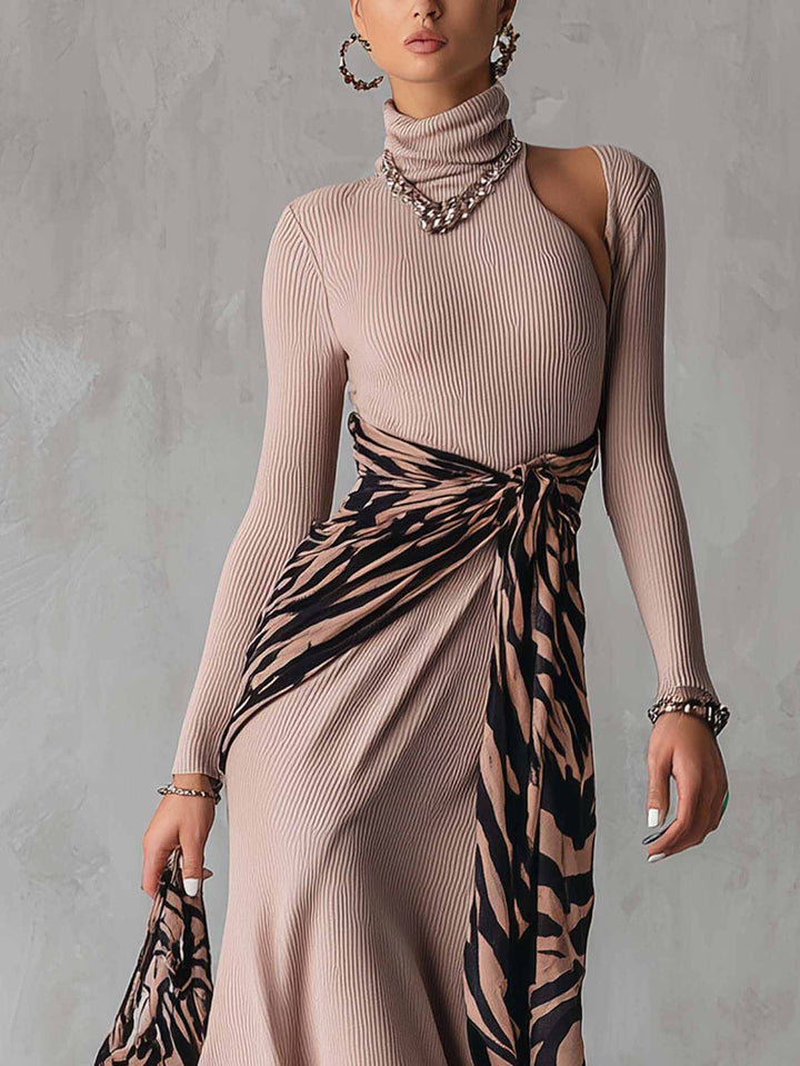 Casual High-Neck Geometric Patchwork Knit Maxi Dress