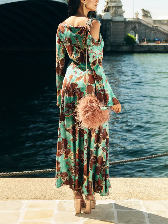 Elegant Satin Printed Bell Sleeve Maxi Dress