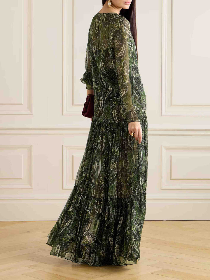 Retro Paisley Floral Print Chiffon Flowing Maxi Dress