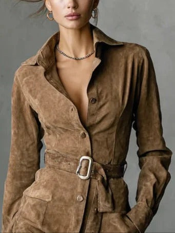 Retro Suede Single Breasted Lapel Mini Dress