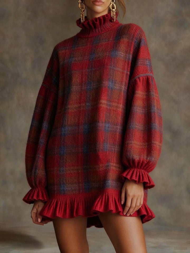 Casual Plaid Fun Ruffle Sweater Dress