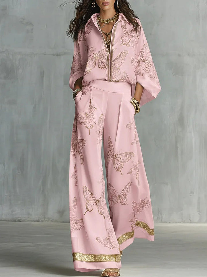 Elegant Butterfly Print Zip-Up Top & Wide Leg Pants Set