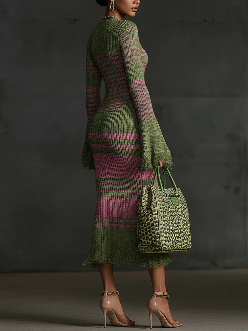Retro Irregular Striped Tassel Knitted Midi Dress
