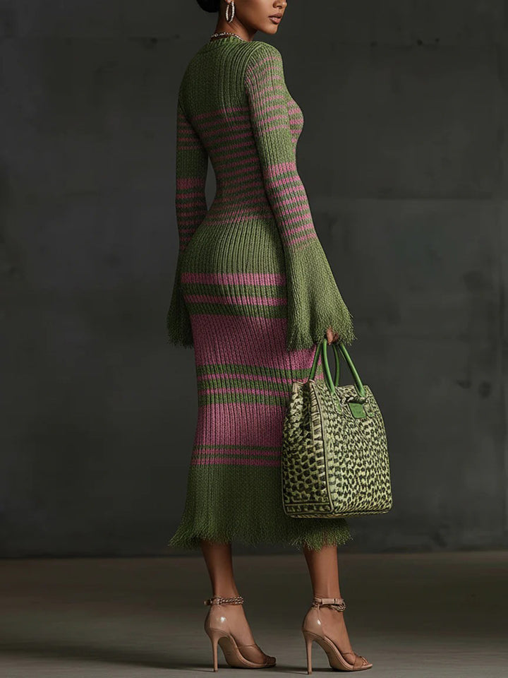 Retro Irregular Striped Tassel Knitted Midi Dress