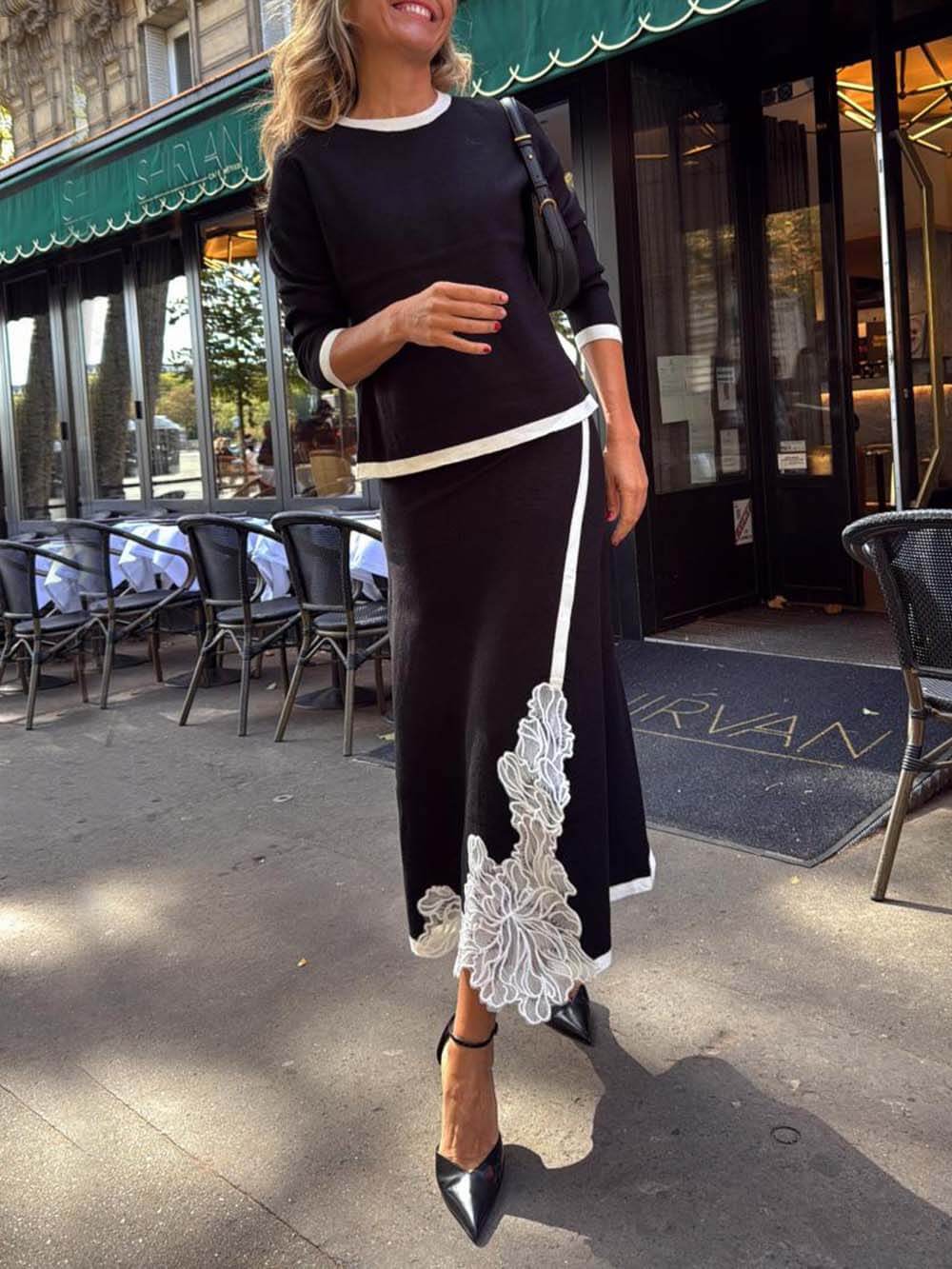 Classic Colorblock Lace Floral Midi Skirt