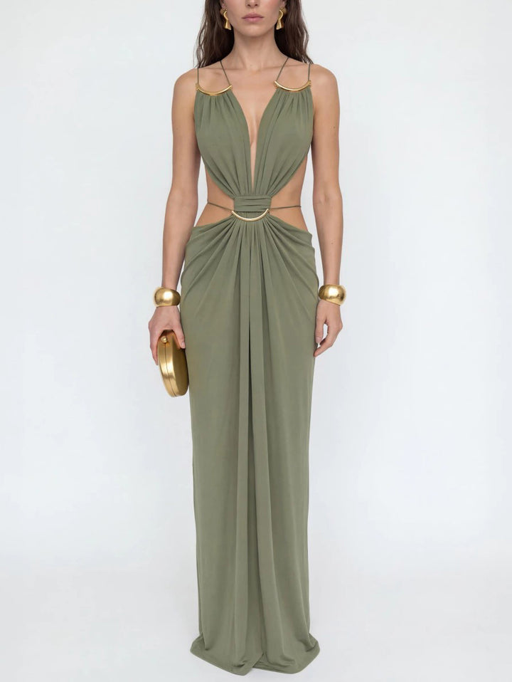 Sexy Metal Chain Cut-Out Backless Lace-Up Draped Maxi Dress