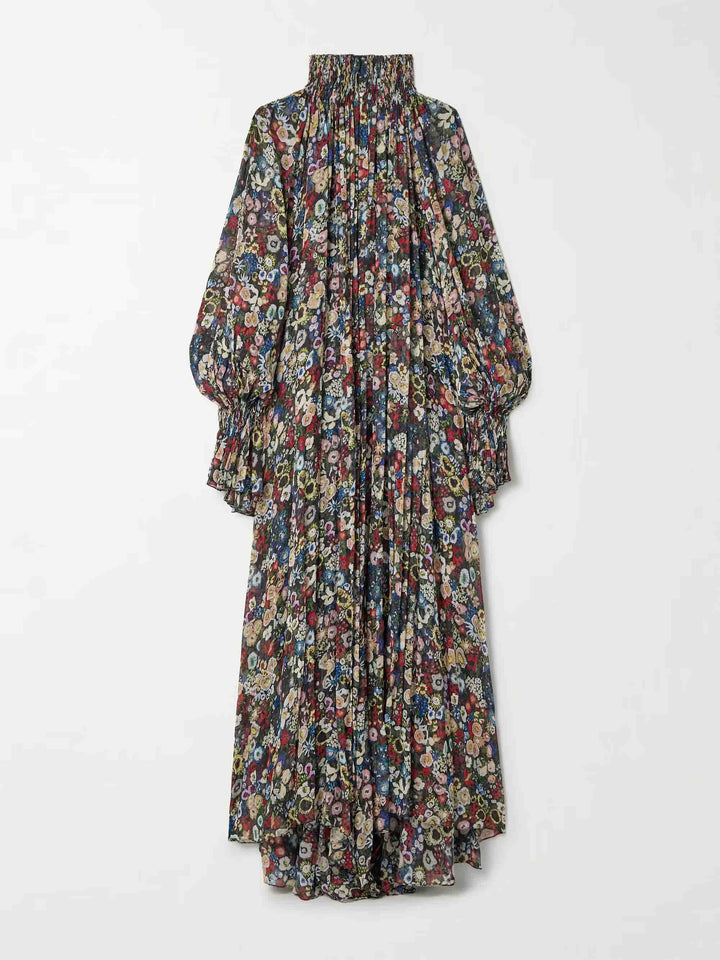 Casual Pleated Printed Chiffon High-Neck Maxi Dress