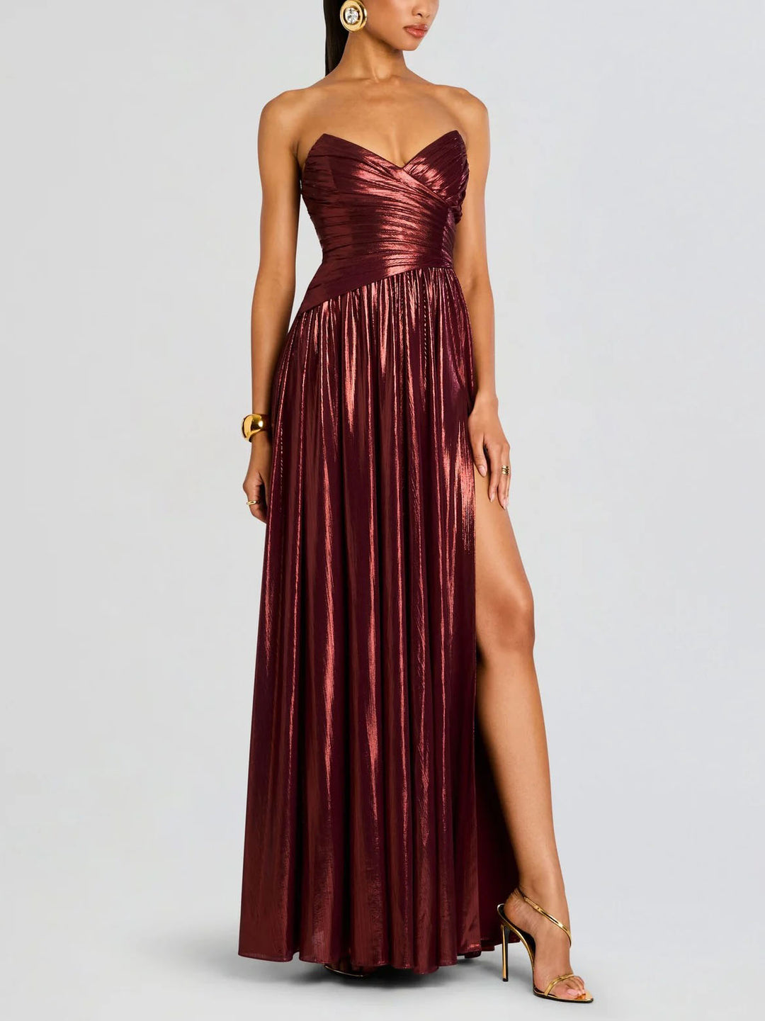 Elegant Strapless Metallic Pleated Floor-length Maxi Dress