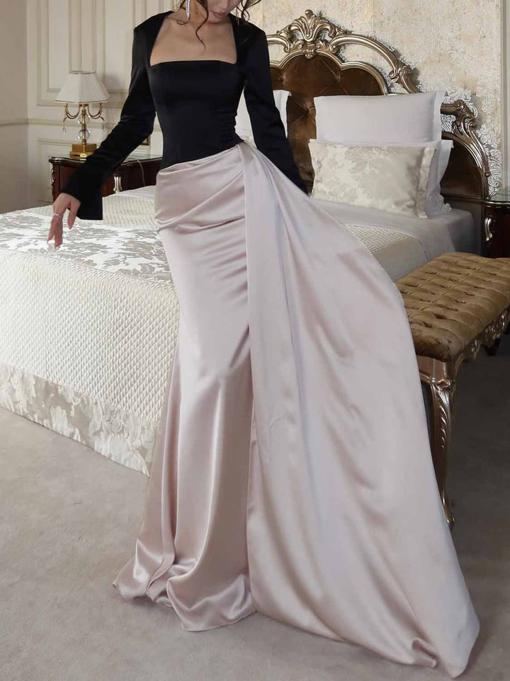 Elegant Satin Draped Fishtail Maxi Dress